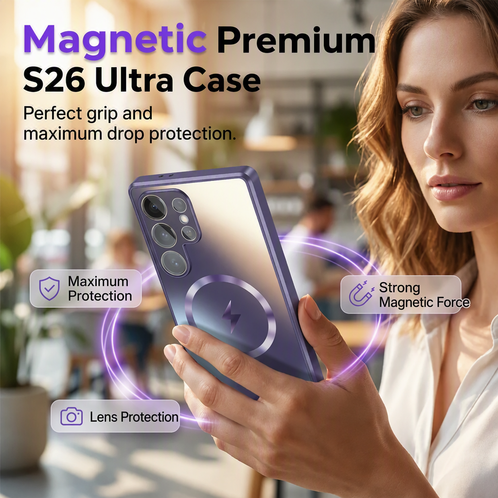 Funda magnética protectora para S26 Ultra en mano, diseño mate premium